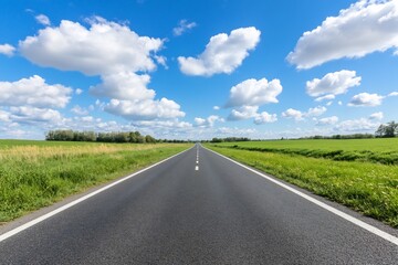 Fototapeta premium Asphalt highway road trip amid field under blue sky with clouds for travel use