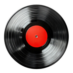 3D black vinyl record with a red label isolated on white background