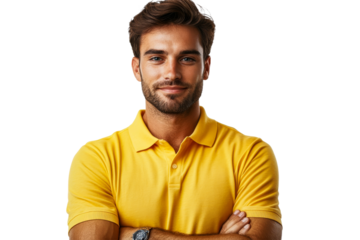 Dapper man in yellow polo, exuding confidence