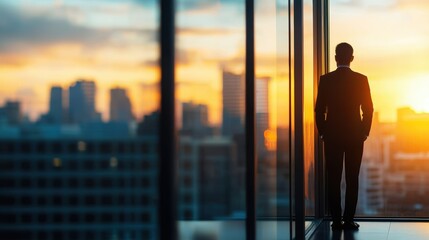 Fototapeta premium Silhouette of a man at sunset in a cityscape setting.