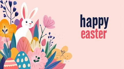 Easter card in pastel colors: cute bunny and colorful easter eggs and flowers on pink background with text "happy easter"
