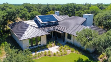 Modern Sustainable Home with Solar Panels Surrounded by Lush Green Landscape in Rural Area