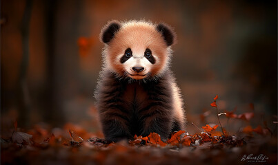 Adorable red panda cub sitting amidst autumn leaves, captivating wildlife portrait.