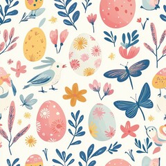 vintage easter composition : easter card with eggs, decor, birds, dragonflies and rabbits