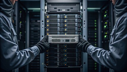 A technician installs a server into a data center rack, surrounded by multiple servers and LED indicators.