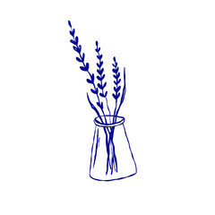 Lavender bouquet in a glass vase.  Doodle hand drawn vector illustration of Flowers  for greeting cards or invitations on isolated white background.