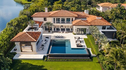 An aerial view of luxury homes with pools in a tranquil neighborhood by the sea