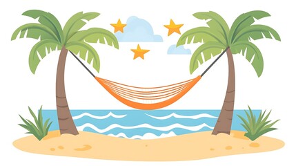 Tranquil Hammock Scene Between Palm Trees on Sandy Beach
