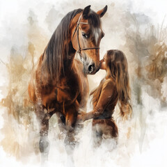 Woman And Horse clipart. Creative Generative Watercolor illustration. Detailed illustration 