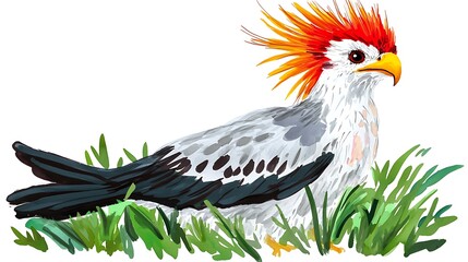 Obraz premium Majestic Secretarybird in Lush Grassland Vibrant Watercolor Illustration.
