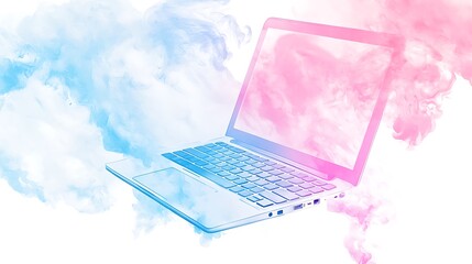 Modern Laptop Computer in Pastel Pink and Blue Smoke Cloud.