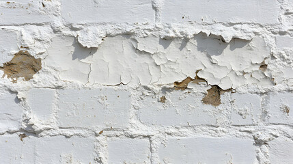 Fototapeta premium Weathered white brick wall texture with peeling paint, showing age and decay. Ideal for design backgrounds.