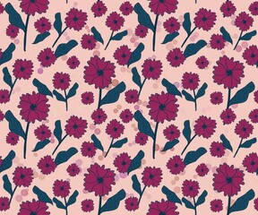 Rose pink flower and blue leaf with bubble sparking pink pattern