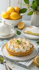 Delicious Lemon Meringue Pie with Slice and Lemon Bowl
