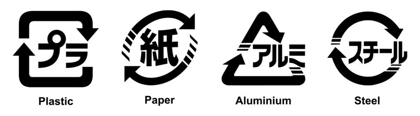 Japanese Recycling Icon Set. Plastic, Paper, Aluminium, Steel.  Japanese recycling symbols for packaging. Set of Japanese recycling symbols. recycle, symbol, icon, vector, illustration.