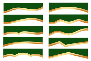 Border shapes for banner design. Green header sections with golden lines. Abstract vector bottom background for web page. Curved divider templates. Wavy horizontal separator set