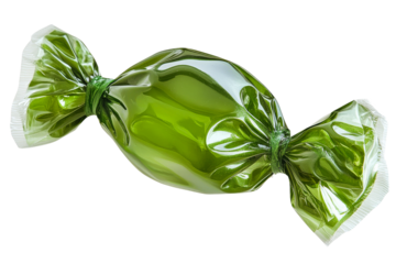 Green candy wrapped in transparent plastic wrapper