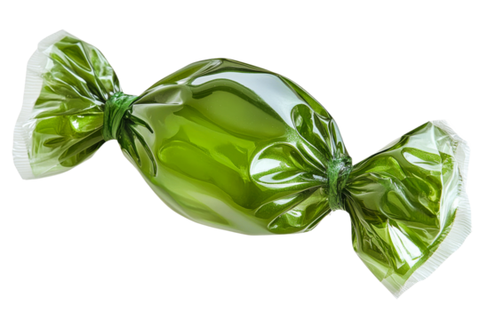 Green candy wrapped in transparent plastic wrapper