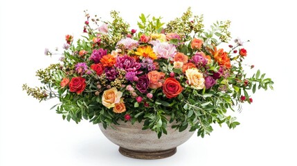 A flowerpot overflowing with colorful blooms and greenery.