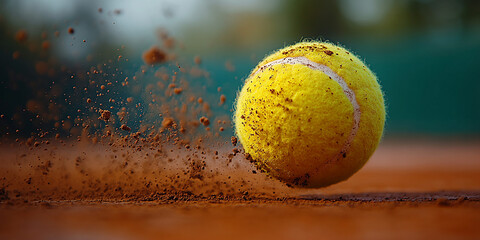 A close-up of a tennis ball, Flying tennis ball in explosion of red dust 