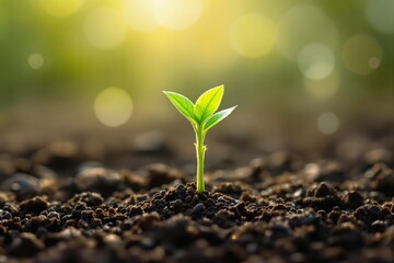 Small green seedling growing in fertile soil with sunlight and bokeh background. Concept of new life, growth, nature conservation, and environmental sustainability. Ai generative