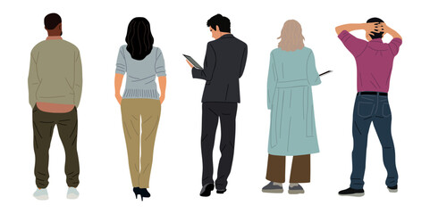 Set of different business people standing full length rear view. Men, women in smart casual clothes from behind, turned back. Characters backside. Vector illustrations isolated © Creative_Juice_Art