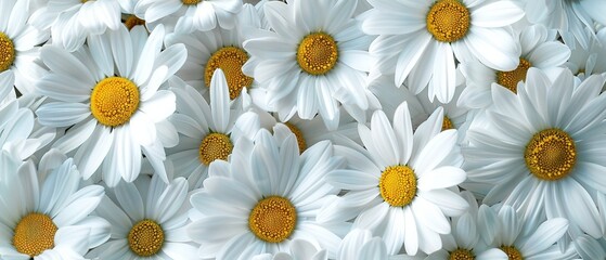 Fototapeta premium Elegant white daisy flowers in full bloom: detailed close-up of pristine petals and lush green foliage in a sunlit garden setting