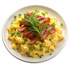 scrambled eggs served with bacon and green on whit