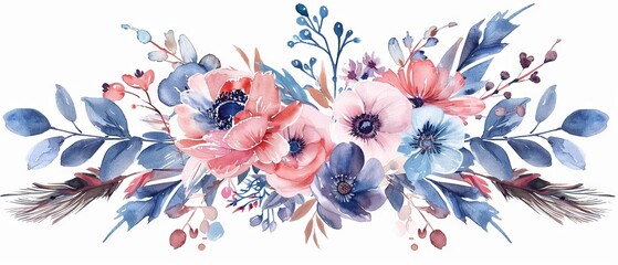 Vintage watercolor floral composition, pink & blue botanical bouquet with delicate feather accents and elegant blooms isolated