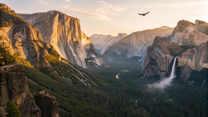 Panoramic Sunrise View of Yosemite Valley Featuring El Capitan and Half Dome