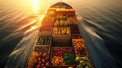 Colorful fruit cargo on a boat at sunset.
