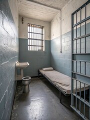 Prison Cell with Barred Window and Sparse Furnishings