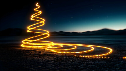 Obraz premium At sunset, a honeycomb Christmas tree stands in a meadow.