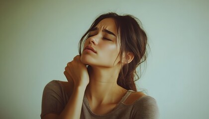 Fototapeta premium Brunette woman exhibiting discomfort by holding her neck closely