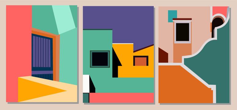 Set of contemporary abstract architectural posters in mid century modern style. Modern backgrounds, covers with copy space for text. City buildings with stairs, window