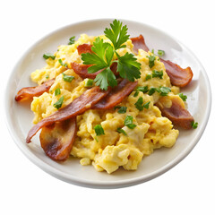 scrambled eggs served with bacon and green on whit