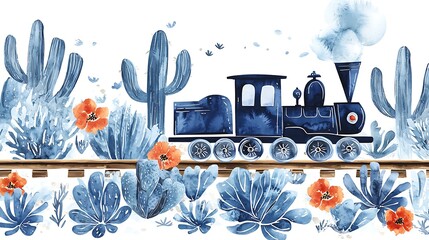 Watercolor Desert Train Landscape Blue Cactus and Locomotive Border
