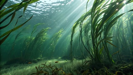 Sunbeams Illuminate Underwater Vallisneria Spiralis Plant Life with Fish
