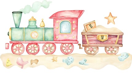 Watercolor Illustration of a Cute Toy Train on the Beach with Treasure Chest