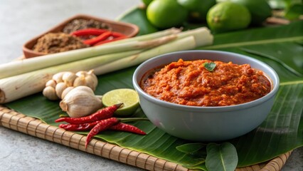Thai Curry Paste with Fresh Ingredients on Banana Leaf