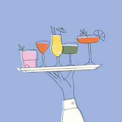 Cocktails in glasses and goblets on tray. Poster with waiter hand holding alcoholic drinks on tray.  Illustration for bar or party. Flat vector illustration