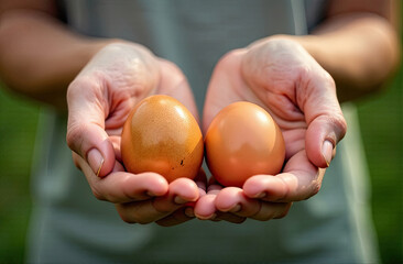 Easter eggs in hands, close up. Two brown eggs, sunny day