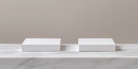 Two white paper packaging boxes on the table, in a simple and elegant style, with a 