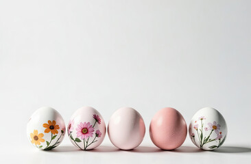 Easter egg on white background with copy space for text. Five easter eggs with flower print