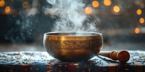 Golden Singing Bowl Steaming, Peaceful Atmosphere