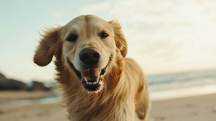 A close-up of a golden retriever dog running on a beach 