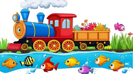 Obraz premium Colorful Cartoon Train Transporting Coral Reef Over Water with Fish.