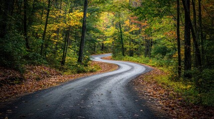 Fototapeta premium An oblique perspective of a winding road through a dense forest.