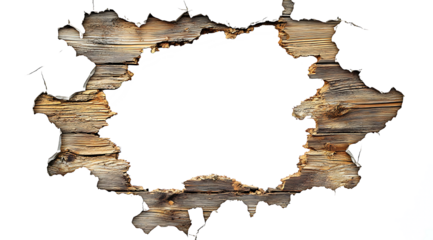 hole in the white wood wall, hole break through wooden board plank, decor frame, white transparent background. cutout png