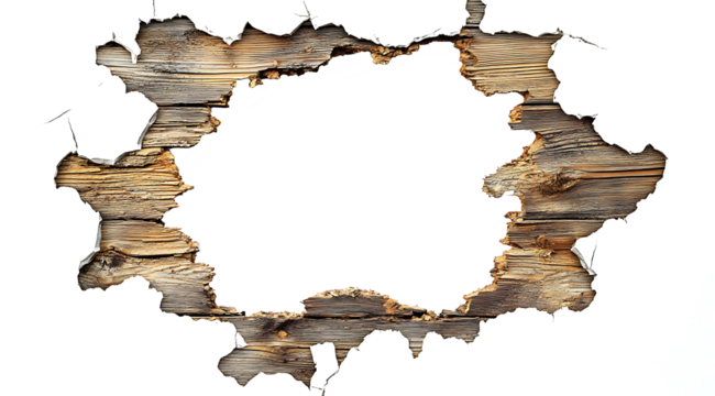 hole in the white wood wall, hole break through wooden board plank, decor frame, white transparent background. cutout png